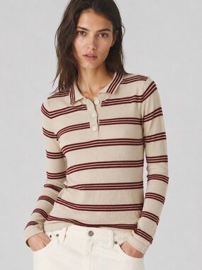 On twelfth Striped Knit Polo Sweater in Cream and Burgundy